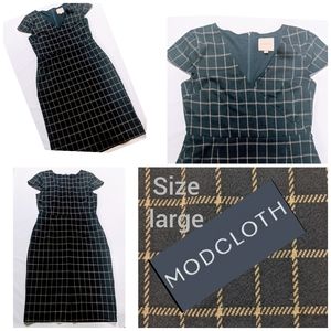 ModCloth sheath dress navy blue tan plaid large